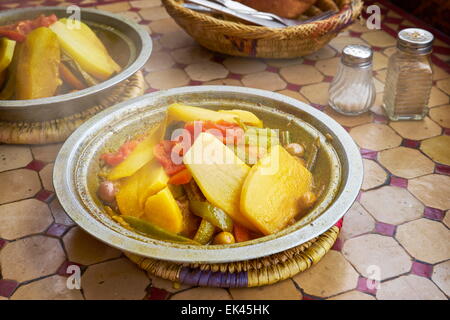 Moroccan food  - tagine tajine served in restaurant on Djemaa el-Fna Square, Marrakesh, Morocco Stock Photo