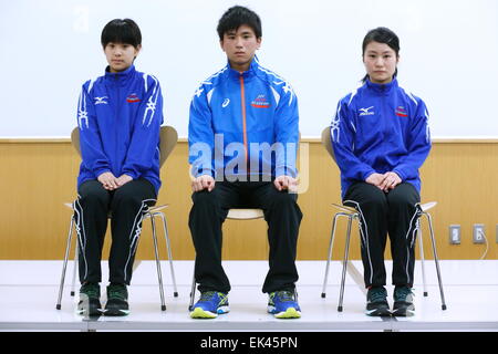 (L-R) Miyu Nagasaki, Hiroki Ito, Yui Ueda, APRIL 5, 2015 : Japanese Olympic Committee (JOC) Elite Academy Enrollment ceremony at National Training Center in Tokyo, Japan. © Sho Tamura/AFLO SPORT/Alamy Live News Stock Photo