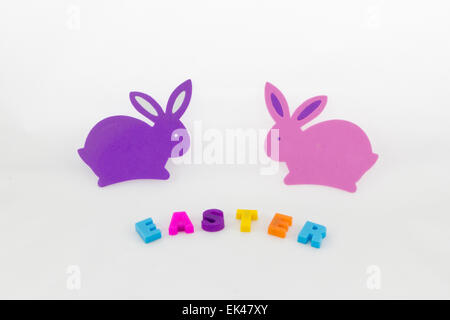 Easter decoration with bunnies on white background Stock Photo