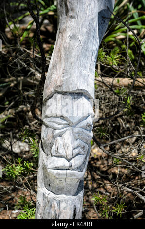 Traditional wood carving of a face; indigenous art; wooden sculpture; post; pole; spiritual, spirits Stock Photo