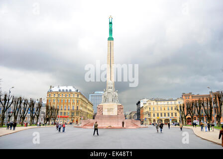 Clouds over independence? The Freedom Monument in the centre of Riga, Latvia. Baltic states; plaza, square, political symbolism; symbol; symbolic Stock Photo