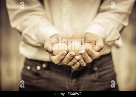 Closeup of Farmer Holding Eggs in front of a Farm Stock Photo