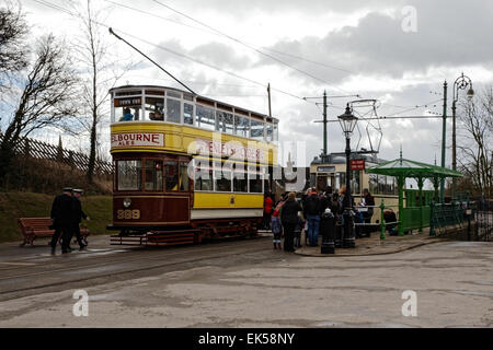 Tramway Village Terminus with passengers and drivers boarding a tram Stock Photo