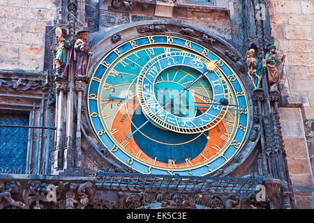 The astronomical clock in Prague, partial detail. The clock, well preserved and still working, was first installed in 1410. Stock Photo
