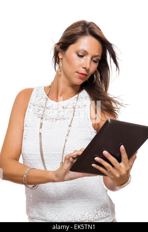 Close up Pretty Young Woman Browsing at her Black Tablet Computer, Isolated on White Background. Stock Photo