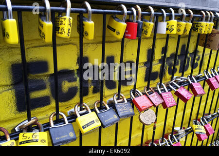 Germany, Dortmund, Signal Iduna Park soccer stadium: The so called 'Wall of Love' at the stadium, fans of the soccer club Borussia Dortmund can express their love to their club with love locks
