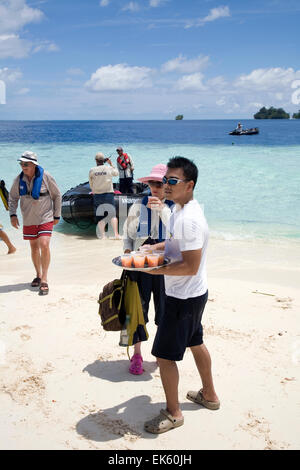 Passengers from the Aussie expedition cruiser Orion arrive by Zodiac on Kennedy Island, a tiny uninhabited Pacific coral atol. Stock Photo