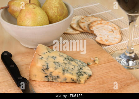 Blue cheese with pears, crackers and red wine Stock Photo