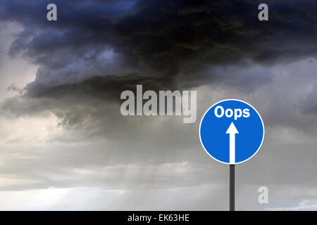 road sign with warning inscription oops on the background of thunder sky Stock Photo