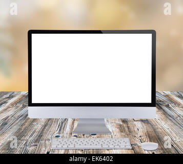 Computer display on wooden table. Stock Photo