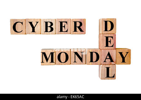 Cyber Monday Deal deal message. Wooden small cubes with letters isolated on white background with copy space available. Retail Sales Concept image. Stock Photo