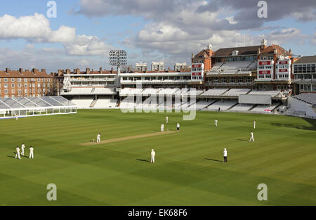 Players from Surrey County Cricket Club practice at the empty Oval Cricket Ground in south London, UK