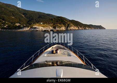 Italy, Tuscany, Elba Island, couple on a luxury yacht Azimut 75' at ...