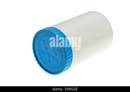 White plastic medicine bottle with blue cap isolated on white background Stock Photo