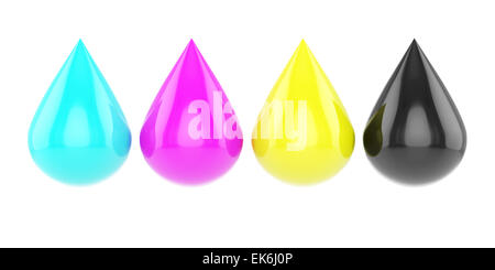 3d rendering of four glossy cmyk drops isolated on white background Stock Photo