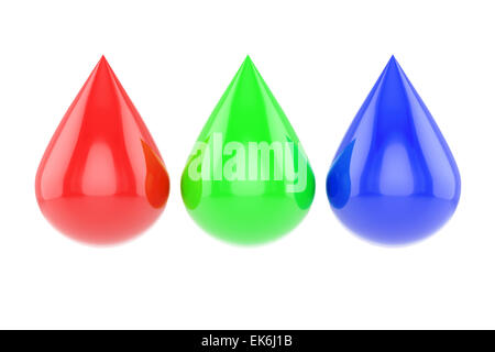 3d rendering of three glossy rgb drops isolated on white background Stock Photo