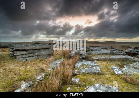 A dramatic stormy sky over Bodmin Moor in Cornwall, looking out toward the hills of Roughtor and Brown Willy Stock Photo