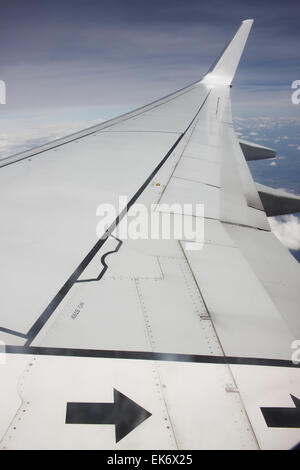 A right wing of Boeing 737-800 jet plane during flight on high altitude