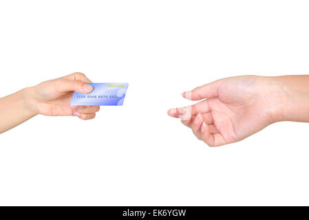 Features two hands exchanging a credit card Stock Photo