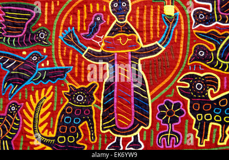 Intricate and strikingly colorful textiles known as molas are hand-sewn by Kuna Indian women of Panama's San Blas Islands. Stock Photo