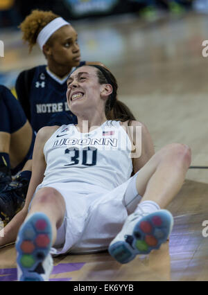 Tampa FL, USA. 7th Apr, 2015. Connecticut Huskies forward Breanna Stewart #30 falls and is in pain in the first half during the NCAA Women's Championship Game between Notre Dame and Connecticut at Amalie Arena in Tampa FL. © csm/Alamy Live News Stock Photo