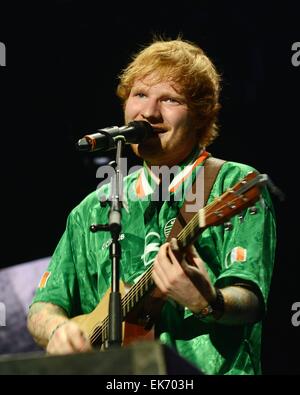 Ed Sheeran performs at 3Arena in Dublin wearing an Irish football jersey Featuring: Ed Sheeran Where: Dublin, Ireland When: 03 Oct 2014 Stock Photo