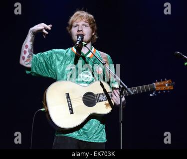 Ed Sheeran performs at 3Arena in Dublin wearing an Irish football jersey Featuring: Ed Sheeran Where: Dublin, Ireland When: 03 Oct 2014 Stock Photo