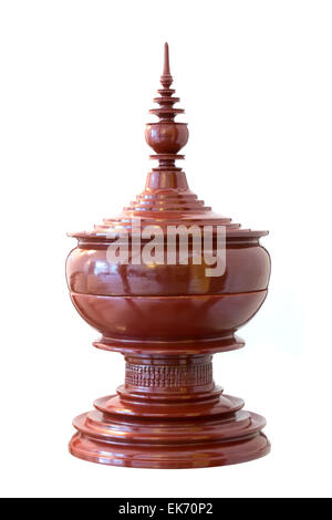 Thai style wood carved pot isolated on white background Stock Photo