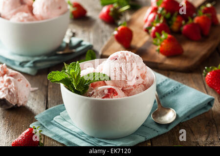 Cold Strawberry Ice Cream in a Bowl with Mint Stock Photo