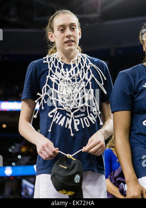 Tampa FL, USA. 7th Apr, 2015. Connecticut Huskies forward Breanna Stewart #30 with the game net around her neck after winning the NCAA Women's Championship Game 63-53 over Notre Dame at Amalie Arena in Tampa FL. © csm/Alamy Live News Stock Photo