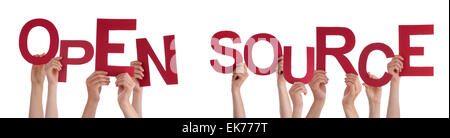 Many Caucasian People And Hands Holding Red Letters Or Characters Building The Isolated English Word Open Source On White Backgr Stock Photo