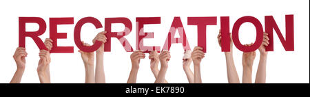 Many Caucasian People And Hands Holding Red Straight Letters Or Characters Building The Isolated English Word Recreation On Whit Stock Photo