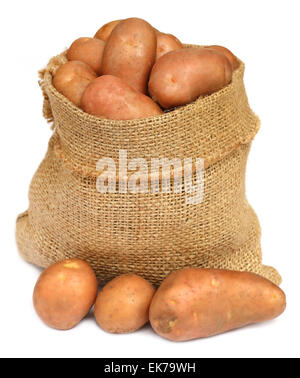 Potatoes in a sack bag over white background Stock Photo