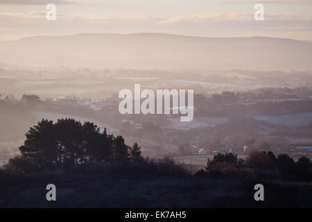 A frosty dawn over the valley of the River Yar on the Isle of Wight. Stock Photo