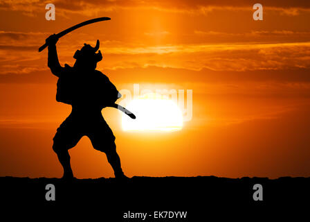 Samurai on sunset. Conceptual design. Stock Photo