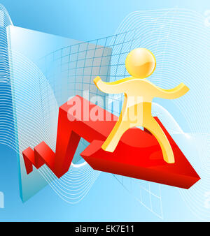 Business success concept of a 3d gold man mascot on an arrow with an upward trajectory Stock Photo