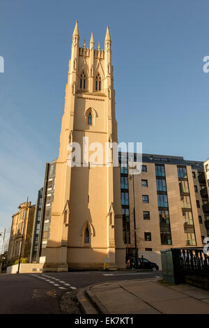 White tower of Park Church, now the entrance to modern flats and houses, Park Circus place, Glasgow, Scotland, UK Stock Photo