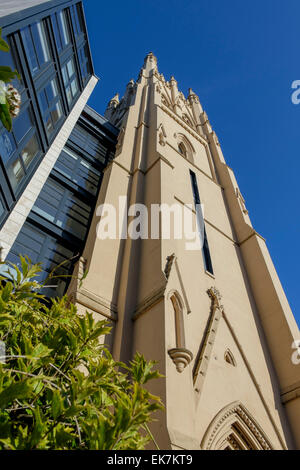 White tower of Park Church, now the entrance to modern flats and houses, Park Circus place, Glasgow, Scotland, UK Stock Photo