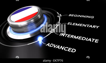 Modern switch pointing the word advanced. Black backgorund. Concept of French courses or language skill level Stock Photo