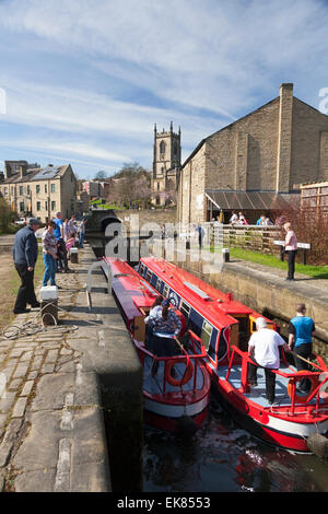 Pair of Shire Cruisers narrowboats in lock on the Rochdale Canal, Sowerby Bridge, West Yorkshire Stock Photo