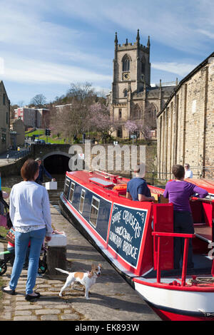 Pair of Shire Cruisers narrowboats in lock on the Rochdale Canal, Sowerby Bridge, West Yorkshire Stock Photo