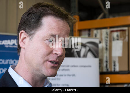 Chippenham, UK. 8th April, 2015. Deputy Prime Minister Nick Clegg talks to the press during his vist to the Dymag factory in Chippenham,Wiltshire. Credit:  lynchpics/Alamy Live News Stock Photo