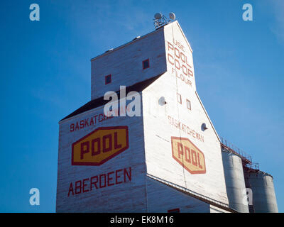 A view of the historic, Saskatchewan Wheat Pool grain elevator in Aberdeen, Saskatchewan, Canada. Stock Photo