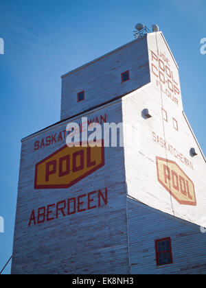 A view of the historic, Saskatchewan Wheat Pool grain elevator in Aberdeen, Saskatchewan, Canada. Stock Photo