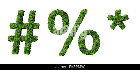 Alphabet signs made from green leaves isolated on white background. 3d render. Stock Photo