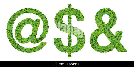 Alphabet signs made from green leaves isolated on white background. 3d render. Stock Photo