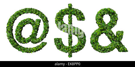 Alphabet signs made from green leaves isolated on white background. 3d render. Stock Photo