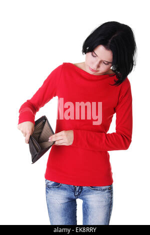 Young woman shows her empty wallet. Stock Photo