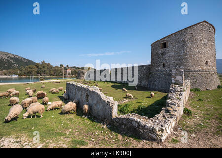 The triangular fortress on the shore of the Vivari channel at Butrint in Southern Albania. Stock Photo