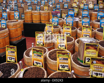 Bulk Coffee Bean Barrels, Fairway Super Market, New York City, USA Stock Photo